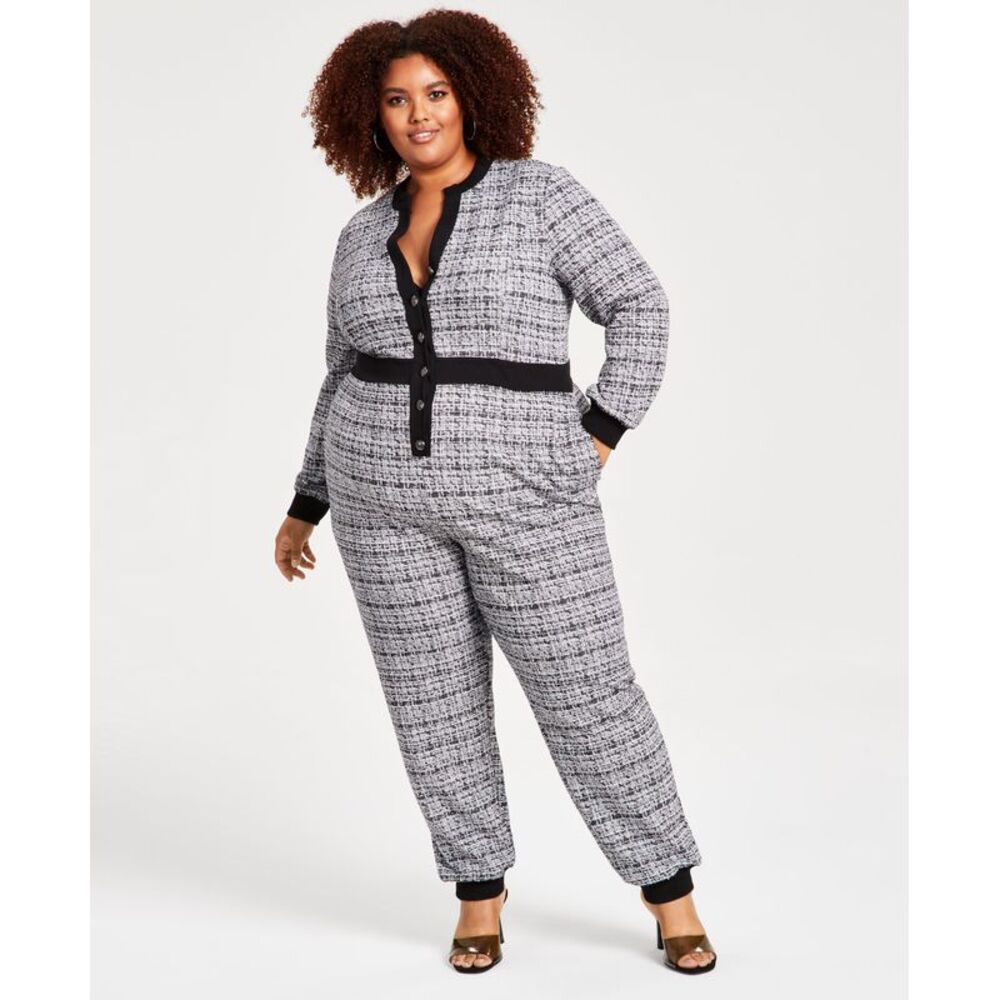 Plus Size Tweed Contrast-Trim Button-Front Jumpsuit